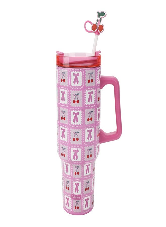 Packed Party Cherries Pink 40 Oz Stainless Steel Tumbler With Handle - Image 3